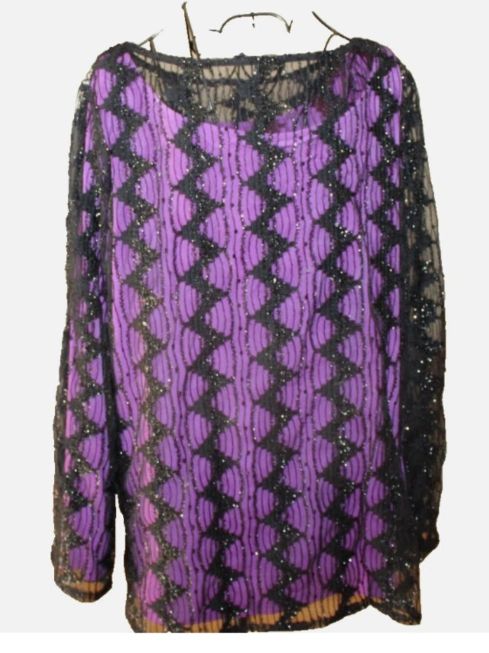 NWT Bob Mackie Wearable Art 1X Purple Black Chevron Sequin Lace Tunic Top - Picture 4 of 8
